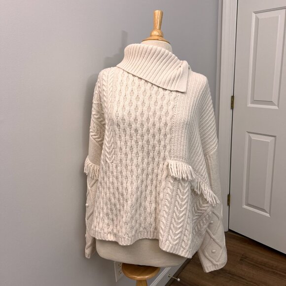 Weekend Max Mara Faiti Fringe Turtleneck Sweater Ivory Wool Oversized Sz XL - Picture 12 of 13